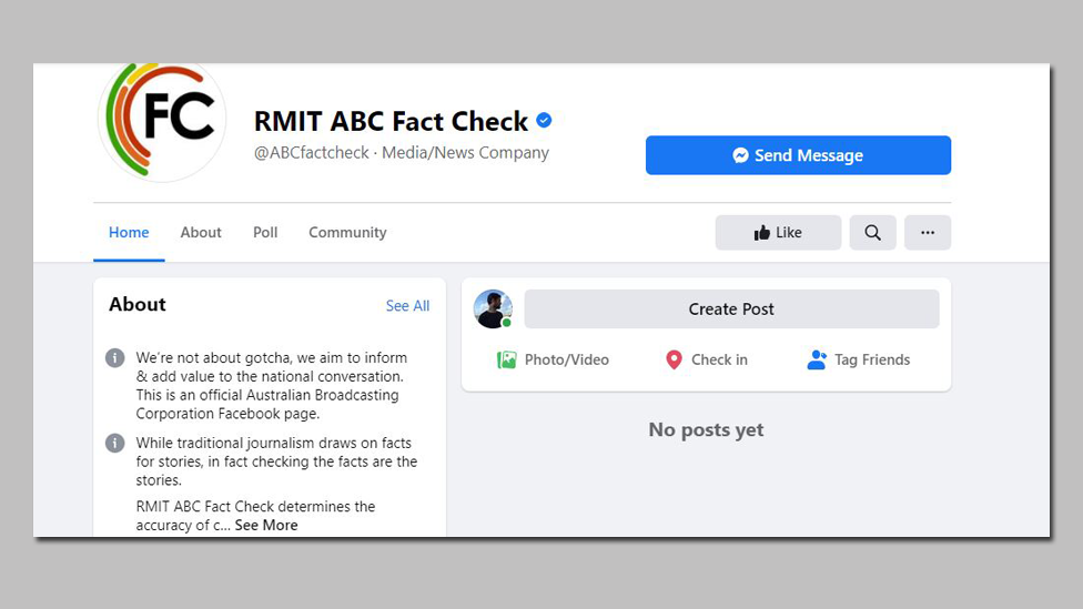 The Facebook page of RMIT ABC Fact Check with a message showing "no posts yet"