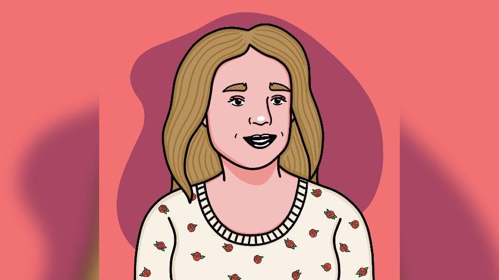 A pop art style picture of artist Sherina Steele. She is pictured wearing a cream top with roses on and has blonde hair. There is a pop art contrast colouring background of pinky-red and coral.
