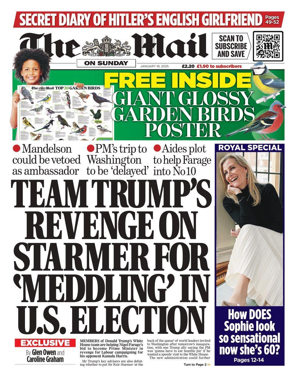 Mail on Sunday front page on 19 January 2025