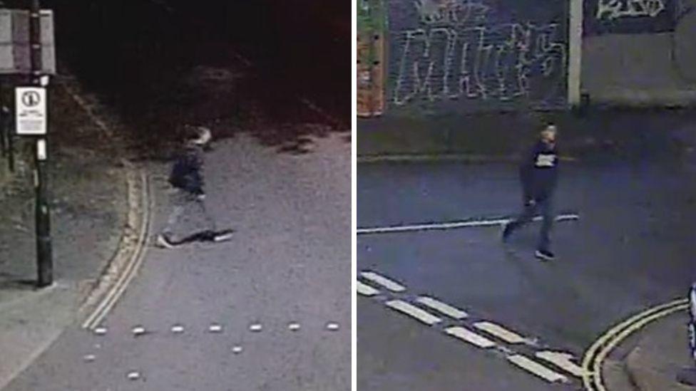 A composite image showing a side by side view of two men caught on CCTV. It is dark and the man is wearing grey/blue jeans, black shoes with white soles, and a black hoodie. He is walking across the road in both images, but the footage is very pixelated. 