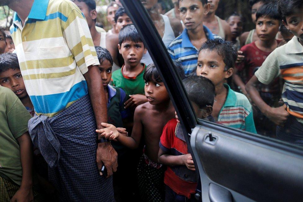 Rohingya Muslim boys stand at U Shey Kya village outside Maugndaw in Rakhine State, Myanmar, 27 October