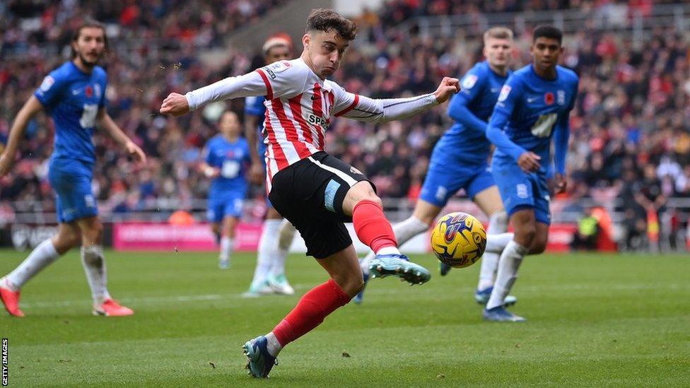 Niall Huggins of Sunderland shoots against Birmingham