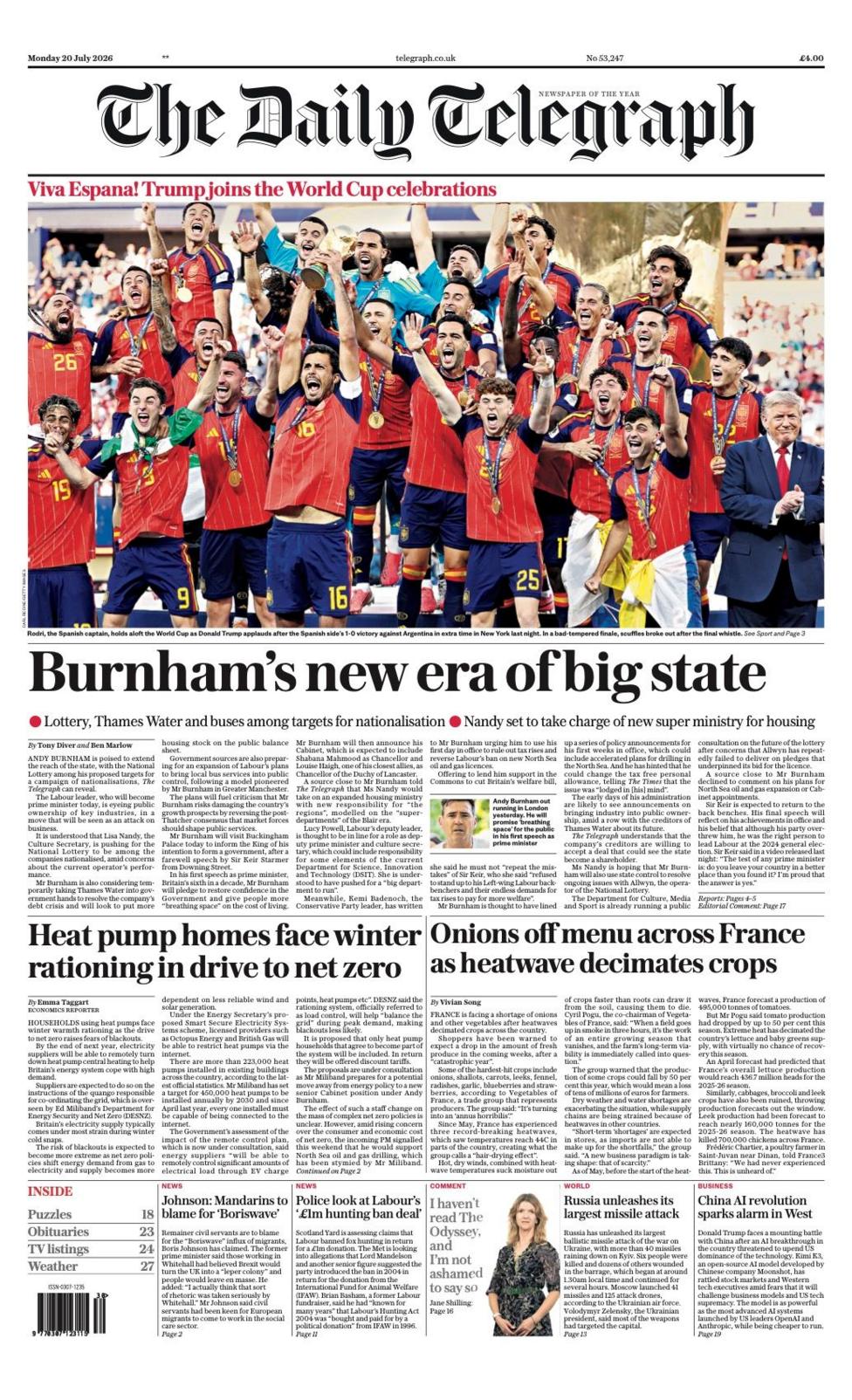 The Papers: «Burnham's new era» і «Viva España!» – новий прем’єр Великої Британії та перемога Іспанії у фіналі ЧС-2026