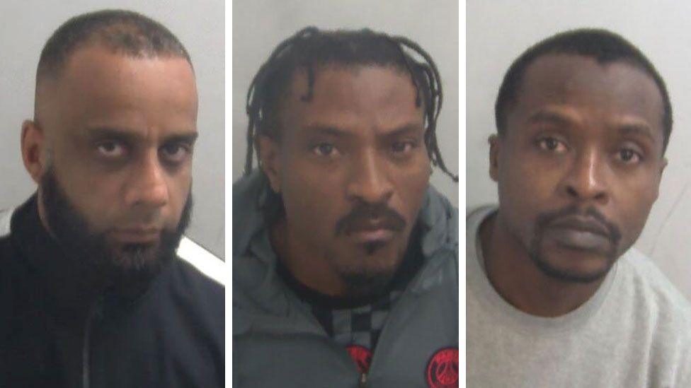 A composite image displaying the custody photos, left to right, of Israar Shah, Temitope Adeyinka and Nana Oppong. All are staring towards the camera.