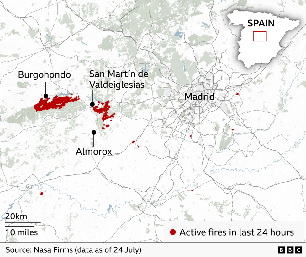 Firefighters struggle to contain Madrid wildfires, as more than 140,000 evacuated in France and Spain
