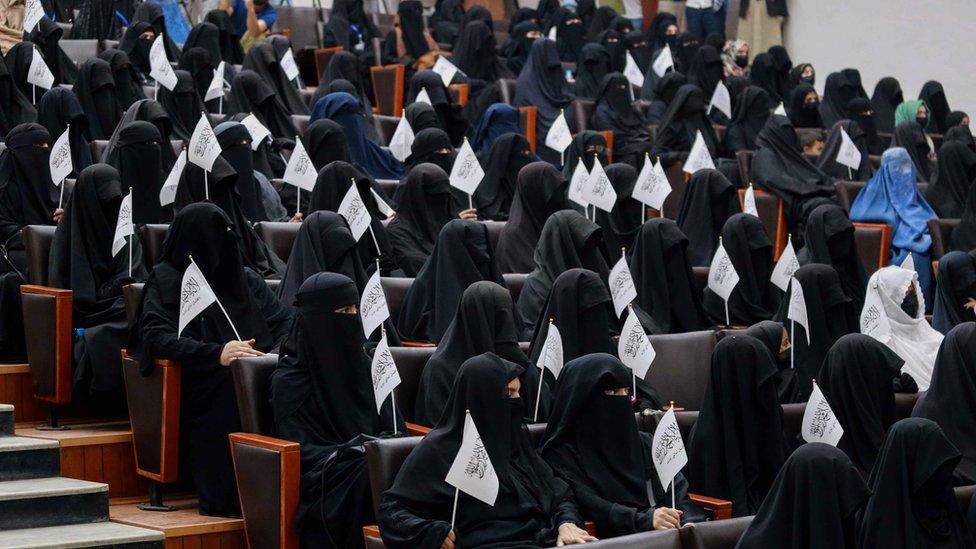 Veiled students at the Shaheed Rabbani Education University in Kabul.