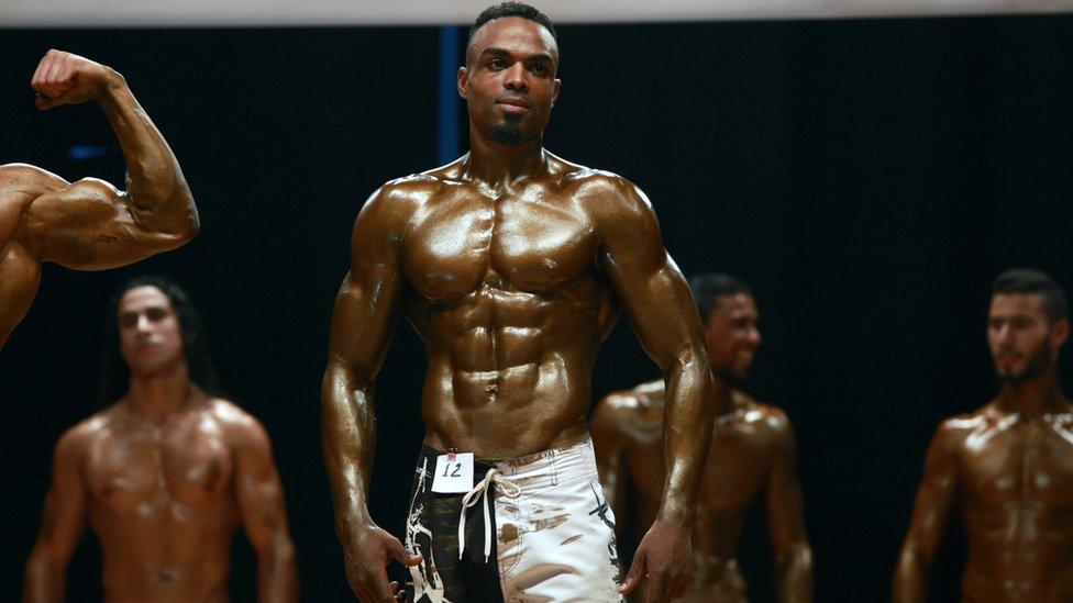 Ashraf Al Taorge poses during a local bodybuilding championship in Benghazi, Libya - Thursday 15 September 2016