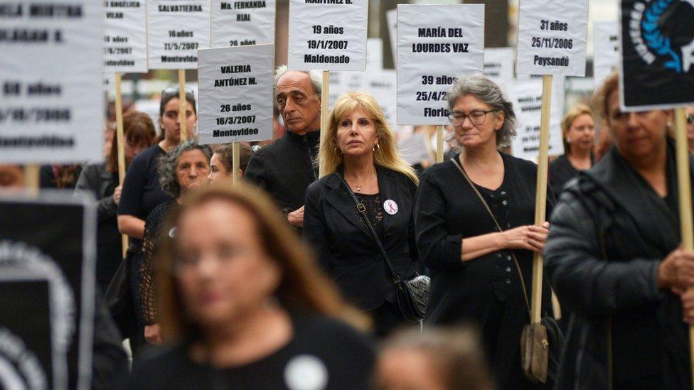 Demonstrators participate in a protest against femicide and violence against women, in Montevideo, Uruguay, 25 November, 2019.