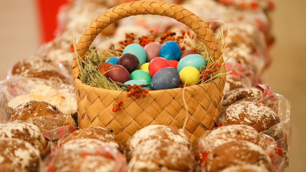 Easter eggs in a basket.