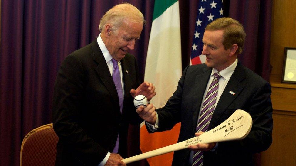 Mr Biden was presented with an engraved hurl and sliotar - the bat and ball used in the Irish sport of hurling