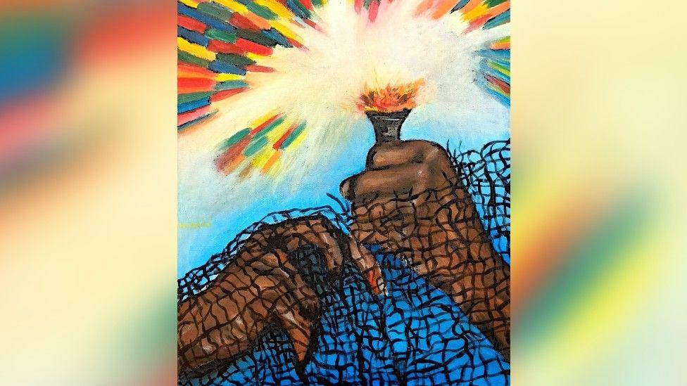 A picture in colour by Kuachi Gai showing two hands, one holding a torch giving off a flame and then vibrant rainbow shards of light. The hands are caught up in a black net.