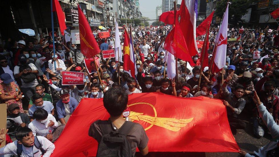 Burmese civilians protesting on the streets of Myanmar