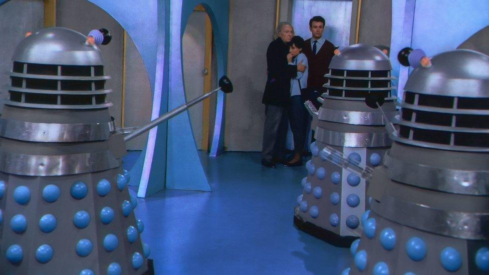 The Doctor (William Hartnell) , Susan (Carole Ann Ford) and Ian Chesterton meet The Daleks for the first time