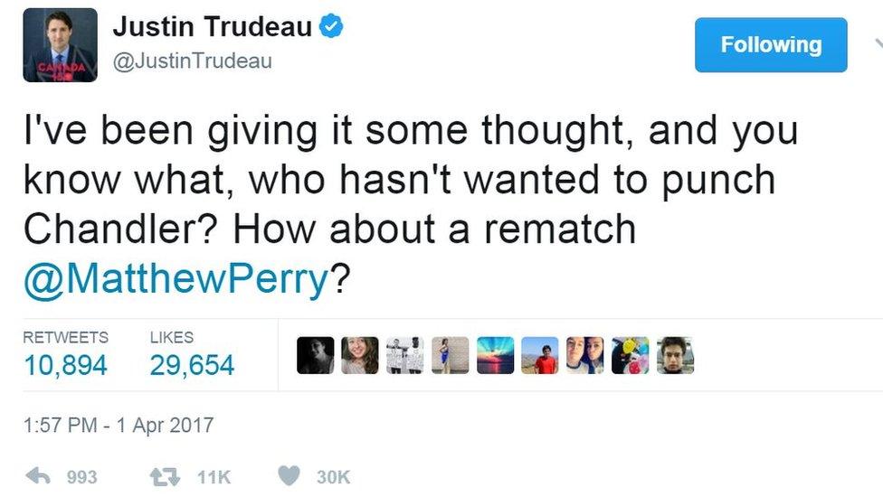 A tweet from Justin Trudeau reading: I've been giving it some thought, and you know what, who hasn't wanted to punch Chandler? How about a rematch @MatthewPerry?