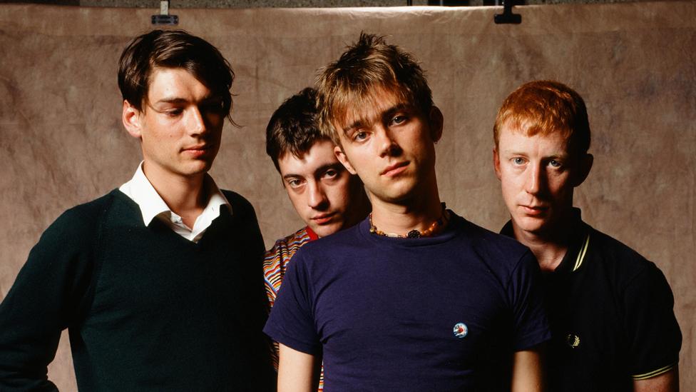 Blur group shot at photo studio in Tokyo, November 1994