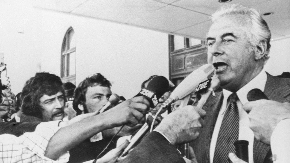 Gough Whitlam speaks outside Old Parliament House in Canberra after his sacking in 1975