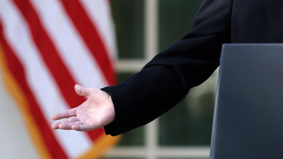 Trump's hand as he speaks in Rose Garden