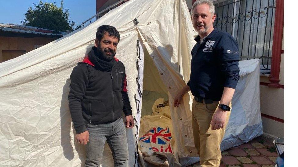 Erlend Linklater (right) at one of the many temporary camps set up in Antakya