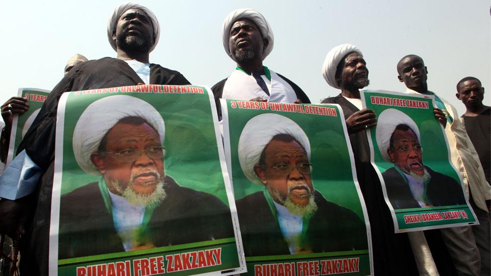 Members of Islamic Movement in Nigeria take part in a demonstration against the detention of their leader Ibraheem Zakzaky in Abuja on January 22, 2019.