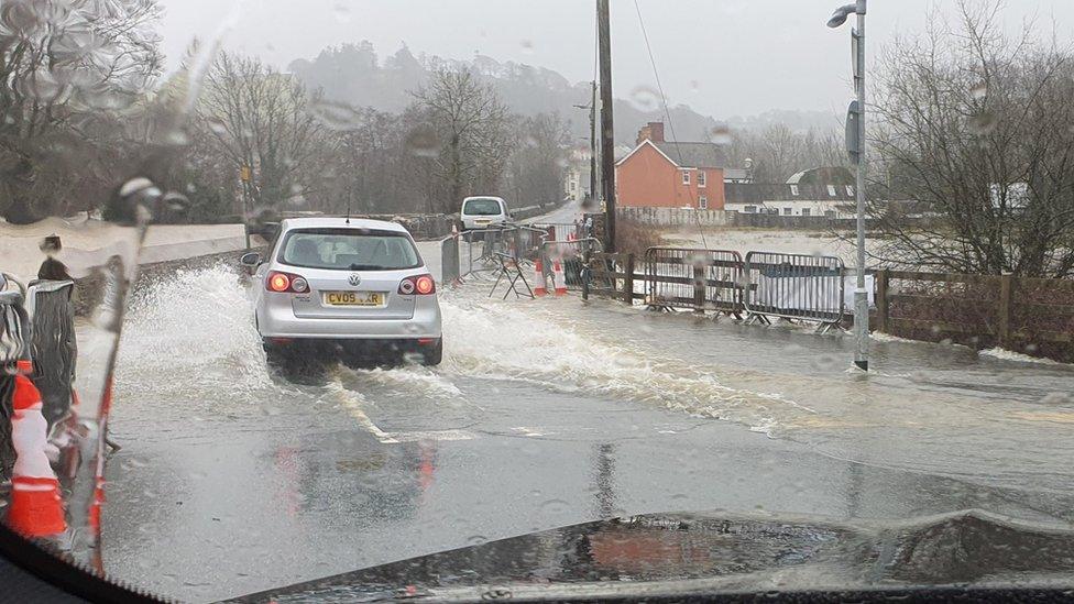 Flooded road in Llanybydder in Carmarthenshire