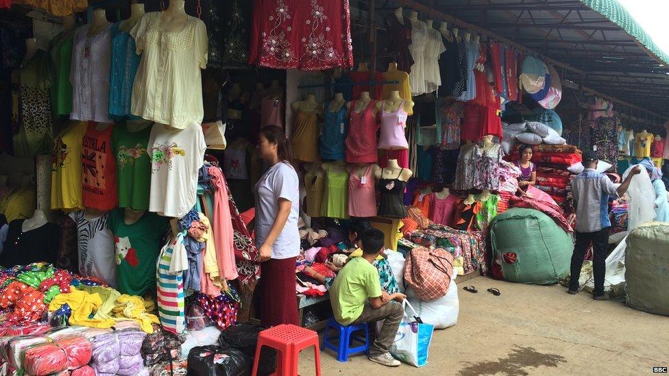 The Namphalong Market on the Burmese side. The market is flooded with Chinese goods.