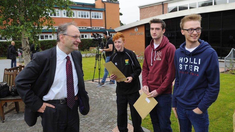 Education Minister Peter Weir speaks to A-level students at Sullivan Upper