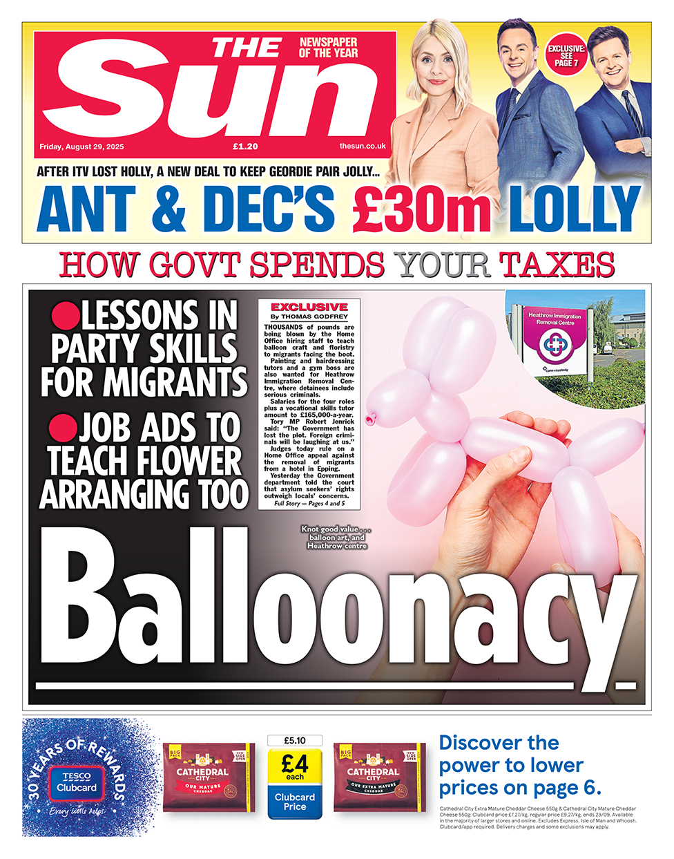 Sun front page with headline "Balloonacy" and a generic image of a hand holding a dog shaped balloon