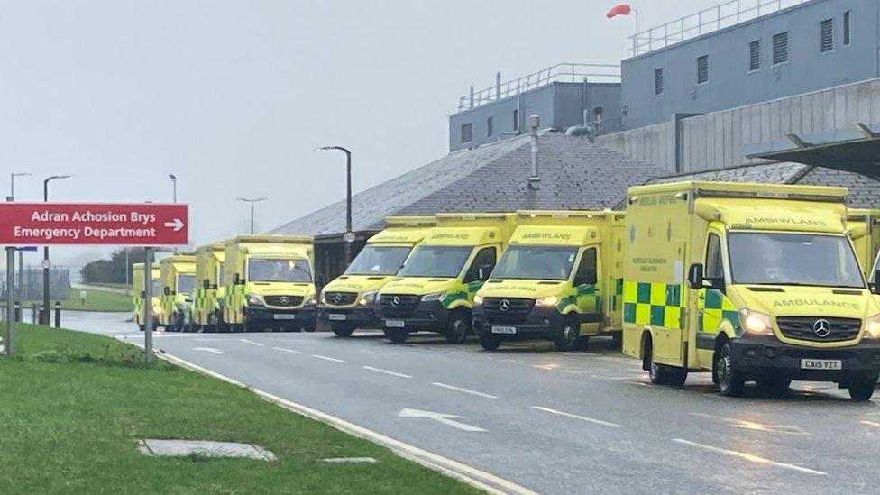 Ambulances queuing outside Ysbyty Gwynedd