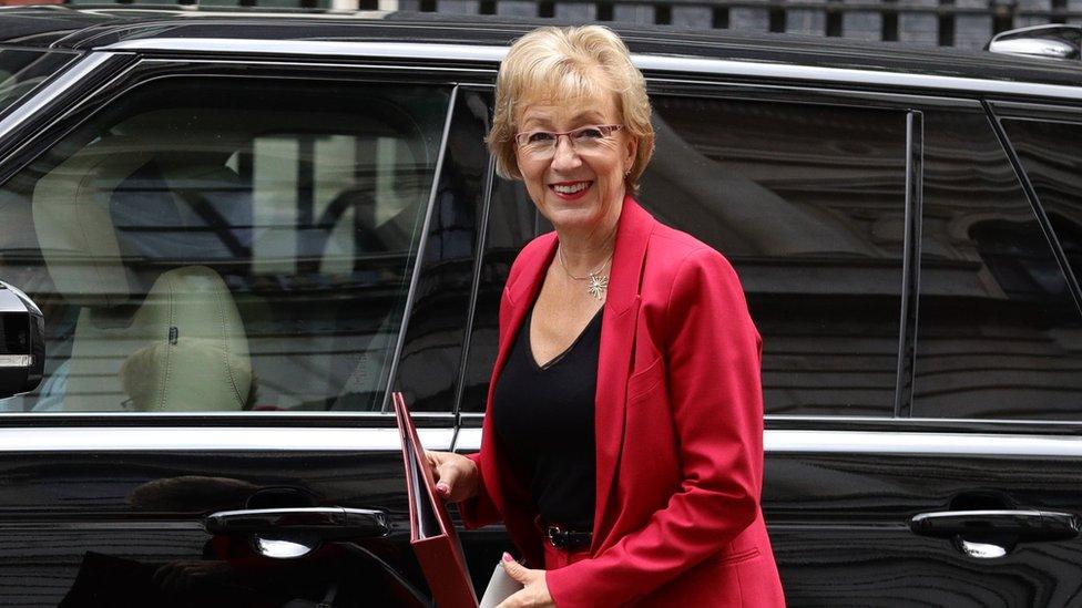 Business Secretary Andrea Leadsom arrives at 10 Downing Street in London.