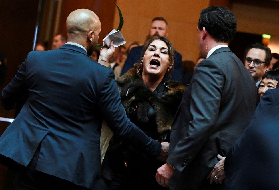 Two men in suits hold back a  shouting woman with long brown hair. She has her right hand up, holding a folded piece of paper, and is  wearing a traditional possum skin cloak.