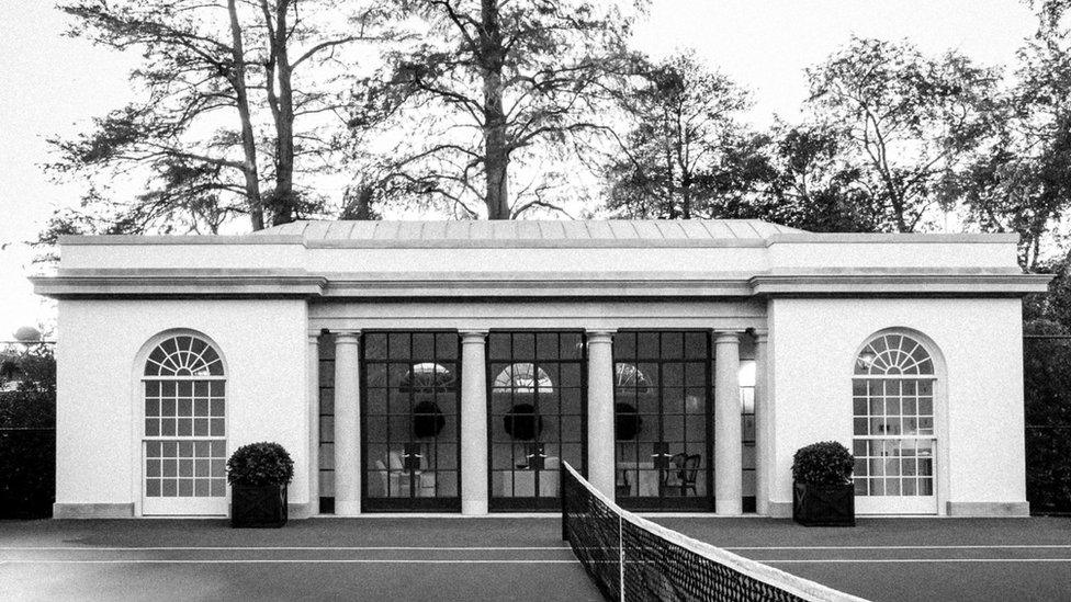 Black and white image of the White House tennis pavilion that appears on the Flotus Twitter account