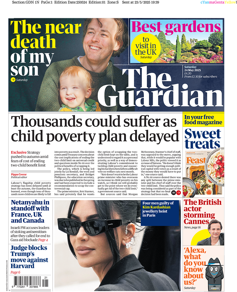 Guardian front page with headline: "Thousands could suffer as child poverty plan delayed"