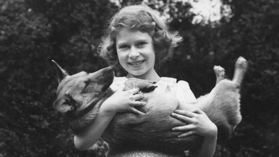 Princess Elizabeth with a corgi at her home at 145 Piccadilly, London, July 1936.