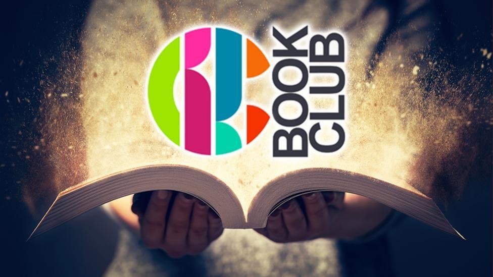 Someone opening a book with the CBBC Book Club logo above