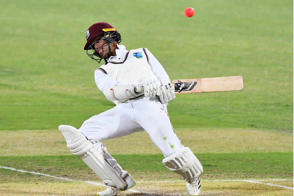 Tagenarine Chanderpaul of West Indies ducks a bouncer from a56during day three of the Second Test Match in the series between Australia and the West Indies at Adelaide Oval on December 10, 2022 in Adelaide, Australia