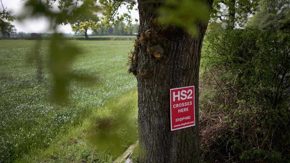 Poster saying HS2 crosses here on a tree in the countryside