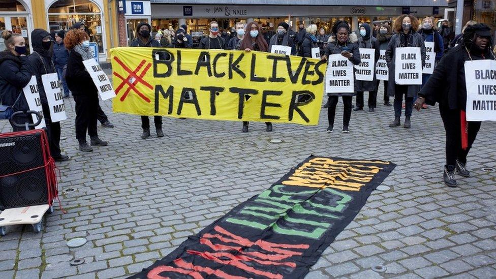 Black Lives Matter Denmark activists demonstrate after the Nordskov case at the court in Roenne on Bornholm, Denmark, 01 December 2020