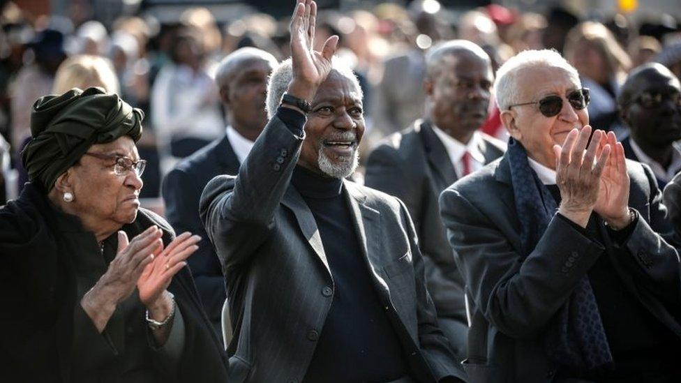 Liberian politician Ellen Johnson Sirleaf (L), former secretary-general of the United Nations Kofi Annan, former Algerian United Nations politician Lakhdar Brahimi (R) attend the Elders walk together in Johannesburg on 18 July 2018