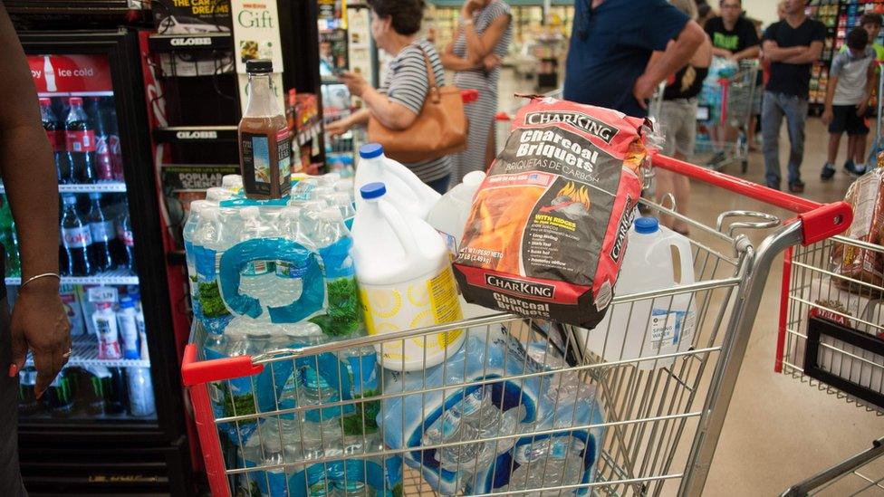 Trolley laden with milk, water and charcoal briquettes in Florida