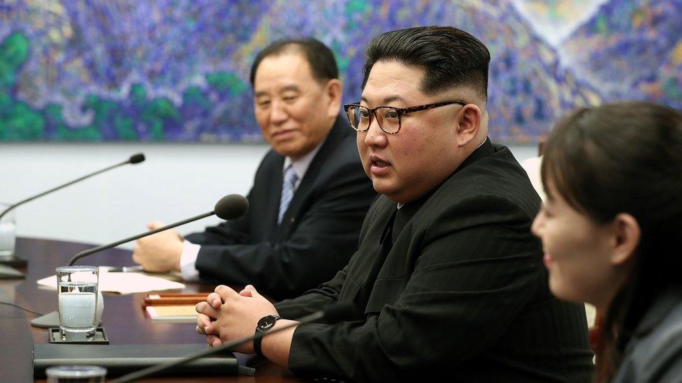 Kim Yong-chol sits next to Kim Jong-un at the Inter-Korean Summit in April 2018