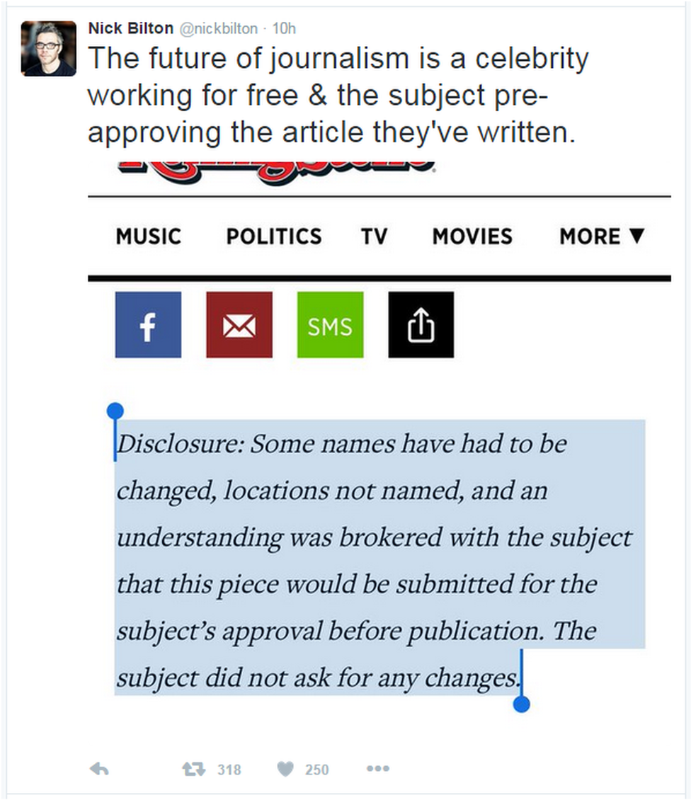 A tweet reads: "The future of journalism is a celebrity working for free & the subject pre-approving the article they've written"