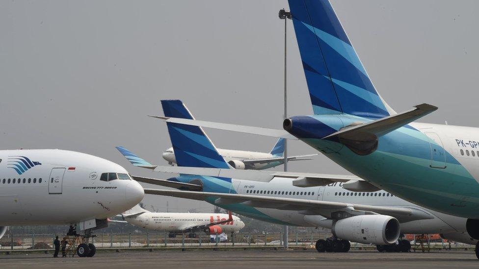 A Lion Air and Garuda Indonesia aircraft are seen at the Soekarno-Hatta airport in Tangerang near Jakarta