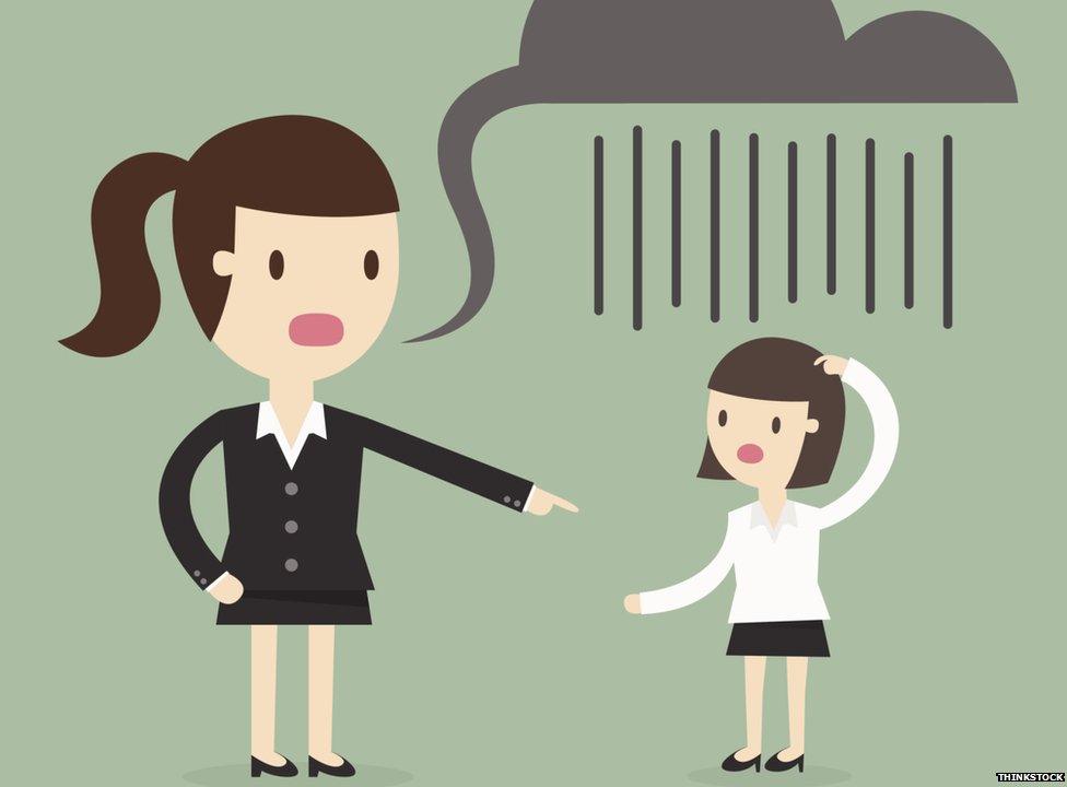 Cartoon woman pointing a smaller women with a rain cloud speech bubble over her head