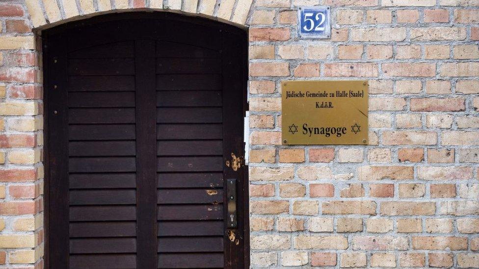 Door of the Halle synagogue attacked by a gunman in October 2019