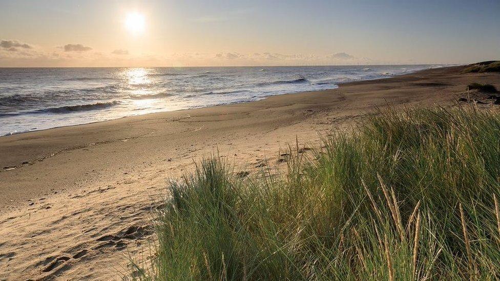 Sea lapping up against the beach with grassland in the forefront. The sun is low in the sky