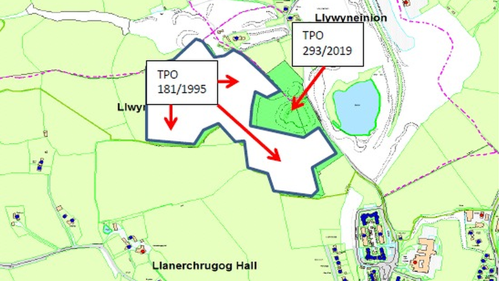 Map of Llwyneinion Woods showing tree preservation orders