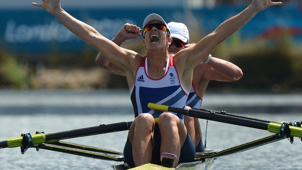 Katherine Grainger (front) and Anna Watkins celebrate after winning the women's double sculls at London 2012