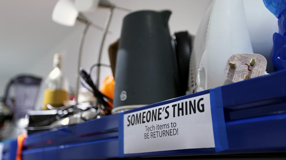 Items waiting to be repaired at the Fixing Factory in Camden, London