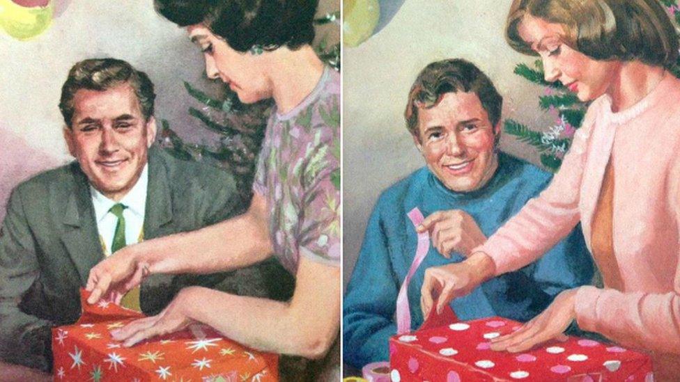 Mummy wrapping a present in 1964 and 1976