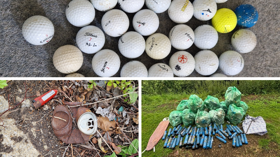 Golf balls, cannisters and a discarded can all collected by the litter wombles